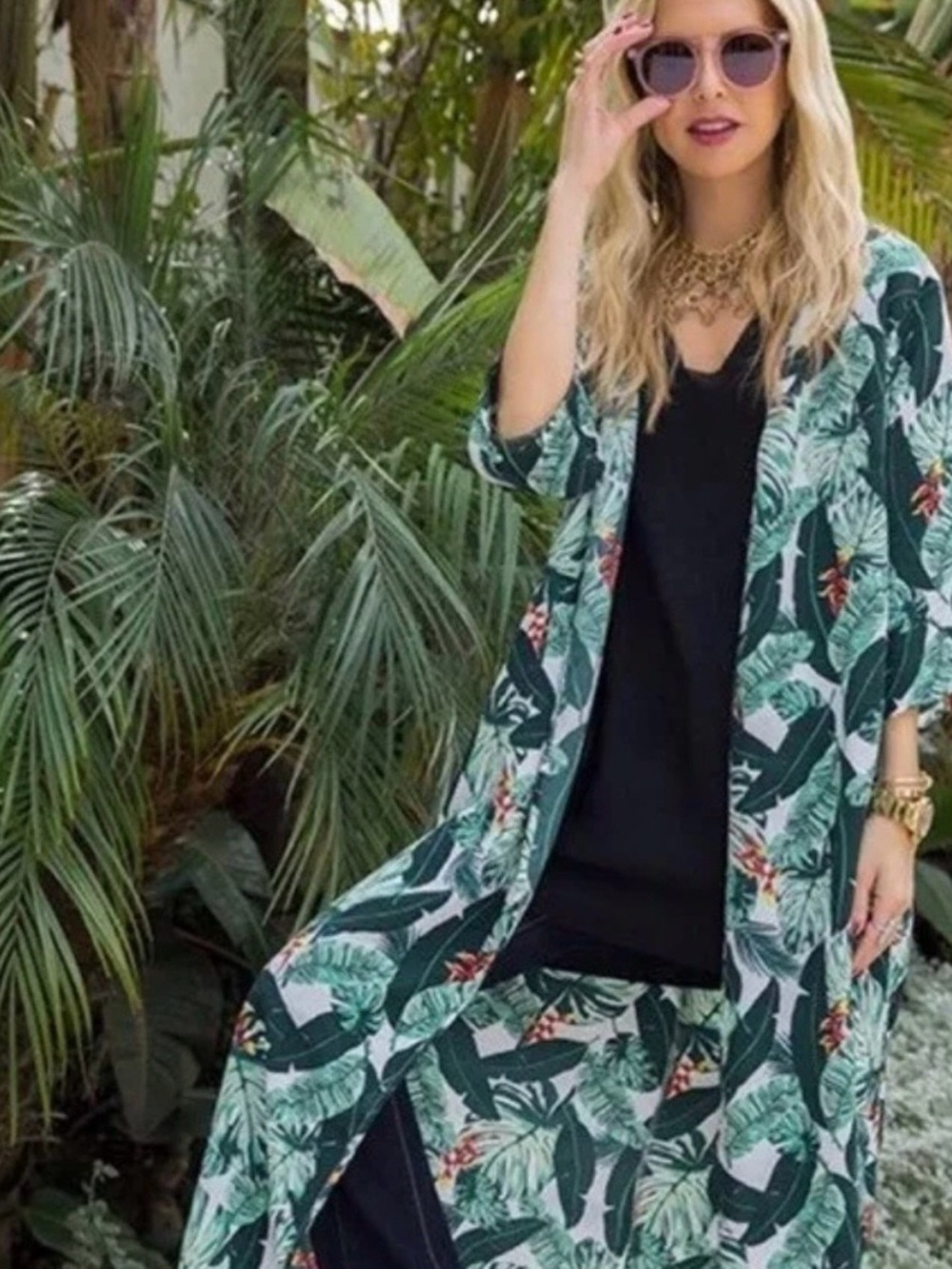 Rachel Zoe Palm Leaf Tropical Print Duster Kimono Cover Up Green White OS